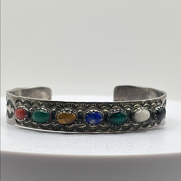 Native American VINTAGE Jerry Bahe Bracelet 6” Multi‎ Stone SSilver cuff 20.43g - Picture 3 of 15